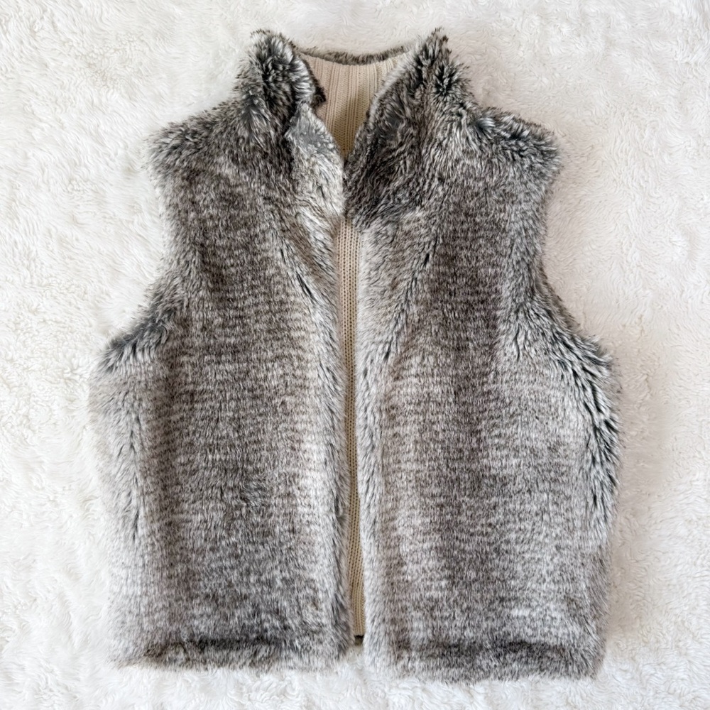 Vera Moda Woman Brown Faux Fur Knit Reversible Vest MEDIUM Boho Eclectic Cozy